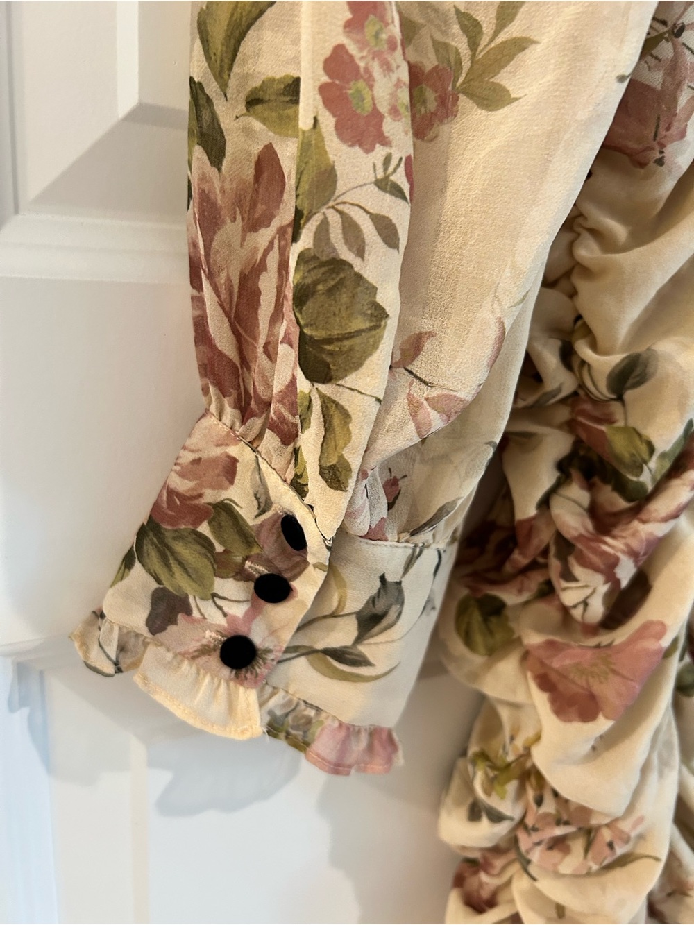 Zara Zimmerman Floral Ruched Dress Tan Pink Size L - Picture 8 of 14
